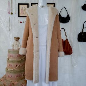 Classic timeless chic brown faux shearling hooded long coat